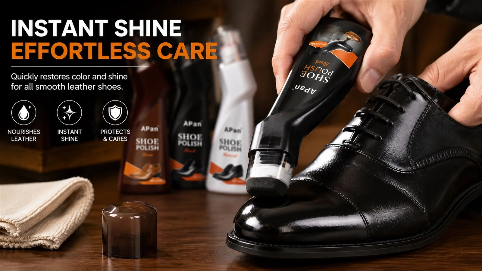 Applying Liquid Shoe Polish on Black Leather Shoes
